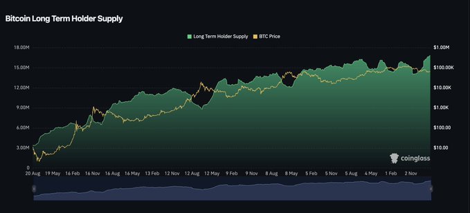The chart from Coinglass displays Bitcoin's Long Term Holder Supply (green area) steadily rising from around 3M in August 2019 to approximately 15-16M BTC in November 2024, alongside BTC Price (yellow line) which grew from roughly $10,000 to $100,000+ over the same period. The visual supports the post's claim that long-term holders are accumulating rather than distributing, as the supply metric continues trending upward to new highs even as prices reach record levels near $100,000.