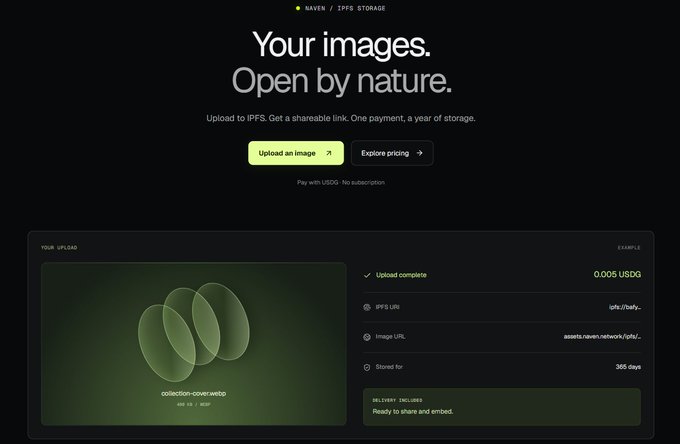 A webpage for 'HAVEN / IPFS STORAGE' with the tagline 'Your images. Open by nature.' showing an upload complete notification for a 400 KB webp file costing 0.005 USDG, stored for 365 days.