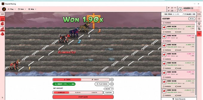 Screenshot of a Hound Racing game showing a 'Won 1.90x' message with horses on a track, betting interface with odds and history panel on the right.