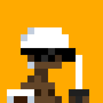 A pixel art image with an orange background depicting a figure with a white turban, black sunglasses, and brown robes holding a white sword.