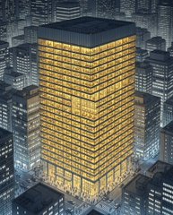 An illustrated aerial view of a brightly lit golden skyscraper towering over a gray monochrome cityscape at night.
