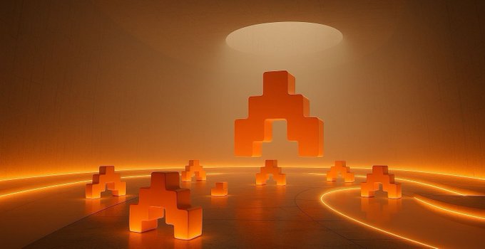 Glowing orange Tetris-like blocks stand in a minimalist room under a spotlight, with a central figure resembling an archway built from stacked pieces. The image visually echoes the post's theme of "building" and consistency, mirroring how tech projects (like those from @TheARCTERMINAL) are assembled piece by piece into something solid over time.