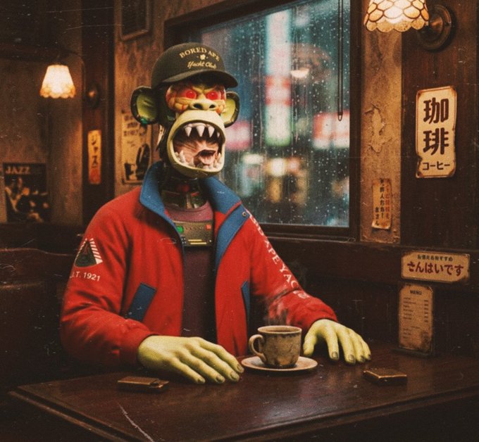 A vintage-style AI-generated illustration of a menacing green monkey-like creature wearing a 'Bored Ape' cap and red jacket, sitting at a coffee shop table with a cup of coffee, surrounded by Japanese signage.