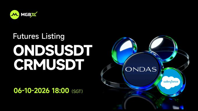 The image features a poster for an event related to futures trading, with a focus on listing future contracts of ONDSUSDT and CRMUSDT. The poster includes a list of these contracts along with their details, such as the dates they are available for trading and the exchange where they can be bought or sold. The text in the image is green, which stands out against the black background of the poster.