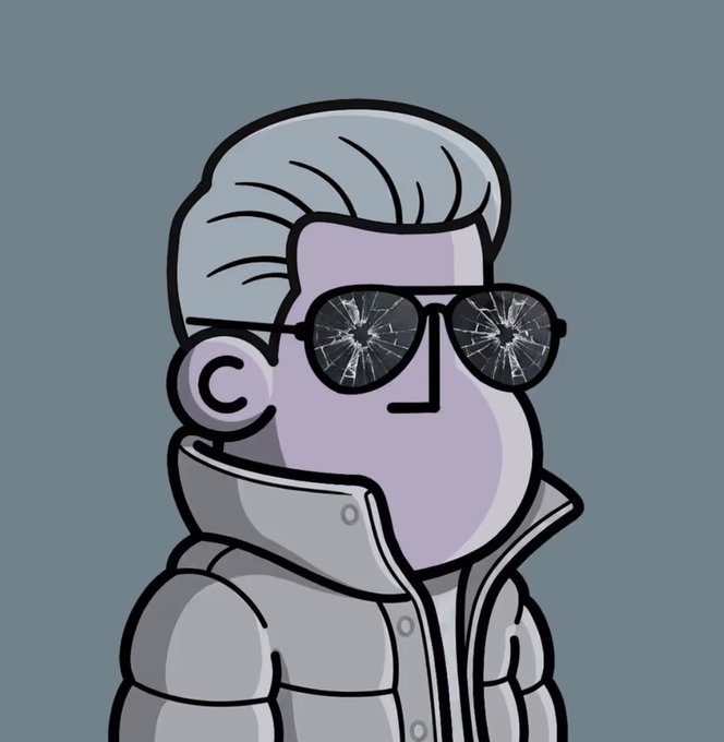 The image features a cartoon character wearing sunglasses, a jacket, and a tie. The character has a broken pair of glasses with a crack running through them. The character appears to be looking down at something or someone behind him. The caption for this image reads "Gm added this @npconchain to my bag! Where are my Grape NPC chuds?".