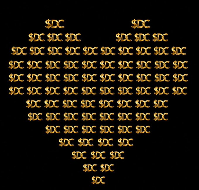 Golden "$DC" text symbols arranged in a heart shape against a black background.