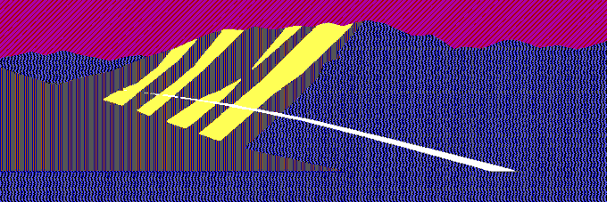 A stylized abstract graphic featuring a pink and magenta upper section with diagonal stripes, and a blue patterned lower section with yellow slanted shapes and a white line cutting across.