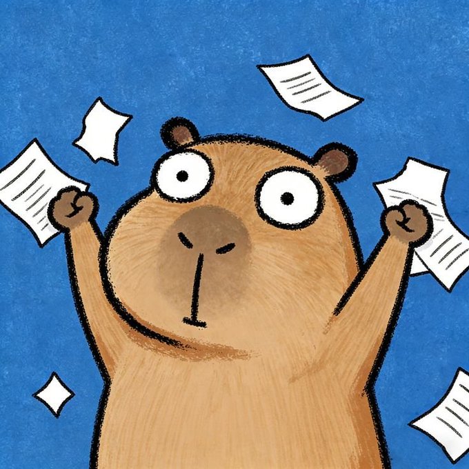 An illustration of a wide-eyed cartoon bear with arms raised, surrounded by flying papers on a blue background.