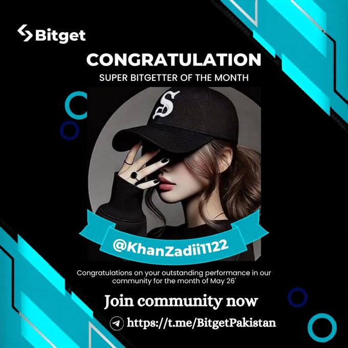 The image features a woman wearing a baseball cap with the text "Super Bitgetter of the Month" written on it. The caption below the photo reads, "Congratulations on your outstanding performance in our community for the month of May! Join us now at www.bitget Pakistan".