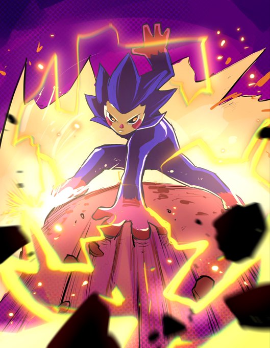 An anime-style character with spiky purple hair strikes a dramatic pose atop a crumbling rock pillar, surrounded by crackling yellow lightning against a vivid purple background. The intense, electrifying artwork perfectly captures the high-energy excitement of "Chog summer," with the character's powerful aura and dynamic action reflecting the post's enthusiastic declaration.