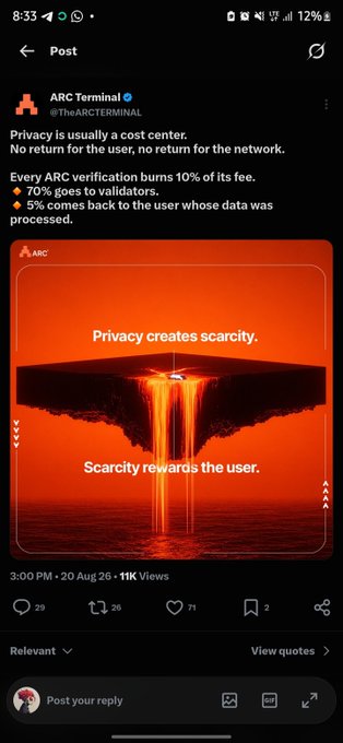 A tweet from @TheARC TERMINAL explains privacy economics, stating 'Every ARC verification burns 10% of its fee. 70% goes to validators. 5% comes back to the user whose data was processed,' accompanied by an image reading 'Privacy creates scarcity. Scarcity rewards the user.'