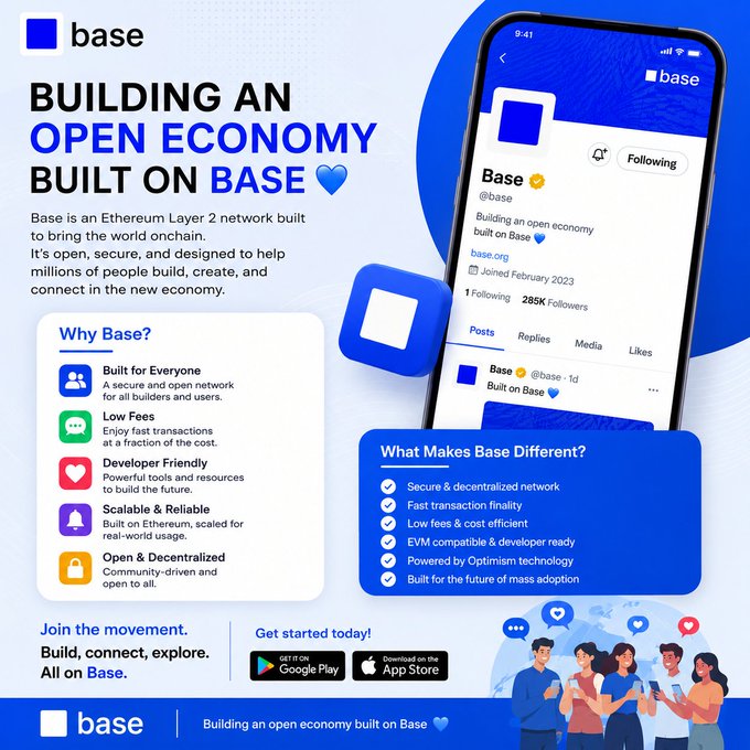 The image features an advertisement for a cryptocurrency called Base. The poster displays a blue phone with a white square app icon that reads "Base" along with some text about the app's purpose, such as building an open economy built on blockchain technology and providing various services like transactions, trading, collecting NFTs, and exploring new dApps.