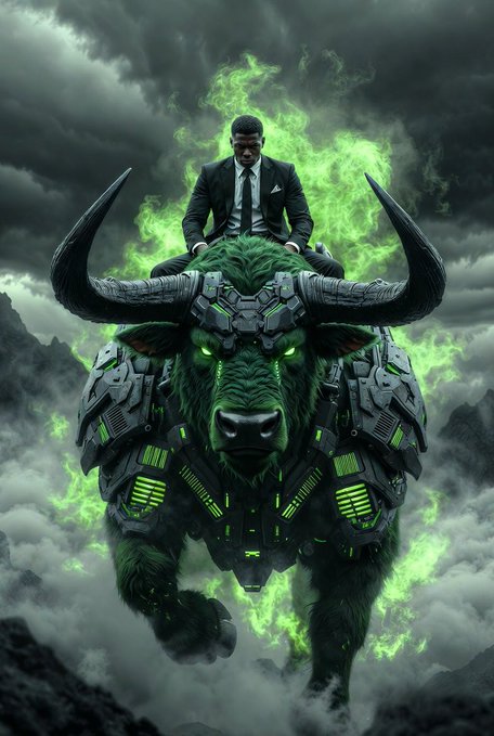 A dramatic digital artwork depicting a man wearing sunglasses and a suit riding a massive, cybernetically enhanced green bull with glowing green eyes and mechanical armor, surrounded by green smoke and clouds.