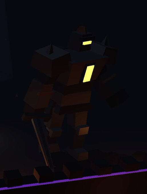 A low-poly 3D rendered character that appears to be a robotic or armored figure with glowing yellow visor and chest lights, standing in a dark environment above a purple-lit surface.