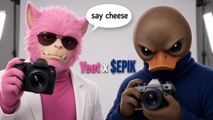 Two cartoon mascots—a pink furry creature in sunglasses and a brown duck—holding cameras, with a speech bubble reading 'say cheese' and the text 'Yeet x $EPIK' between them.