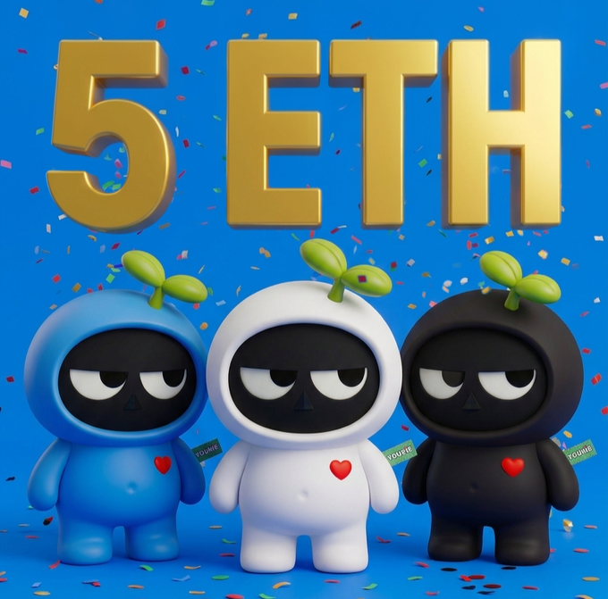 A colorful promotional graphic featuring three cartoon characters in blue, white, and black with sprout hats on their heads, under large golden '5 ETH' text on a confetti-filled blue background.
