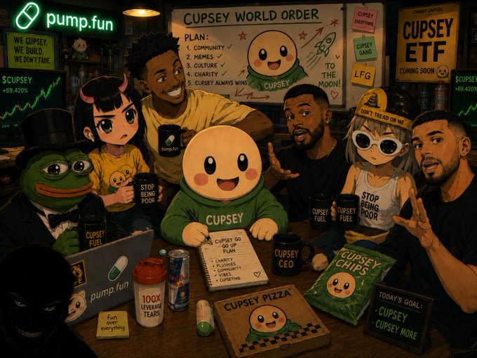 An illustrated scene of a 'Cupsey World Order' planning session with various characters gathered around a table featuring 'pump.fun' branding, 'Cupsey' merchandise, and a whiteboard listing a 5-step plan.