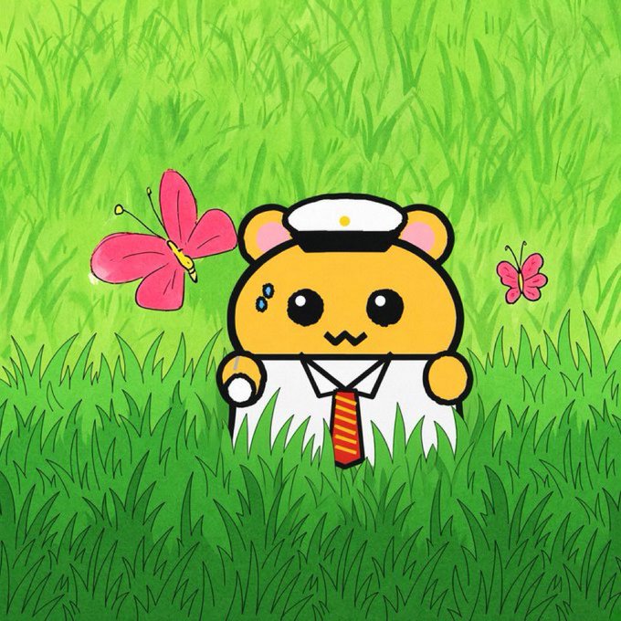 A cute cartoon bear character wearing a sailor hat, white shirt, and red-striped tie peeking out from tall green grass, with two pink butterflies fluttering nearby.