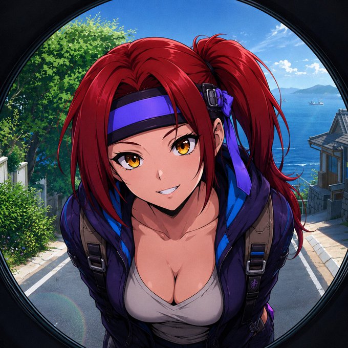Anime-style illustration of a red-haired girl with golden eyes, wearing a blue headband, dark jacket, and backpack, framed within a circular fisheye lens view of a coastal street scene. The image relates to the post's "Momo-fied" caption by depicting a character styled after Momo from My Hero Academia, playing on the popular internet trend.