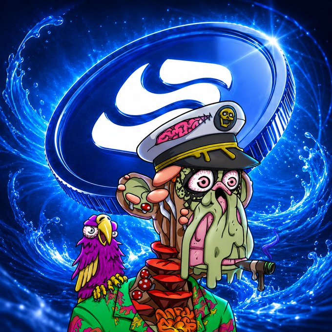 The image features a cartoon character wearing a green shirt with a purple bird perched on its shoulder. The character has a goatee and a hat that says "SURVIVOR" on it, giving off an impression of a pirate or a sailor. The background is blue, which complements the color scheme of the character's outfit. There are also some text elements in the image, including the words "@RiverdotInc", "@River4fun", "@NomismaNetwork", "@useTria", "@TheARCTERMINAL", and "@wallchain". These elements seem to be related to a project or an event that took place recently.