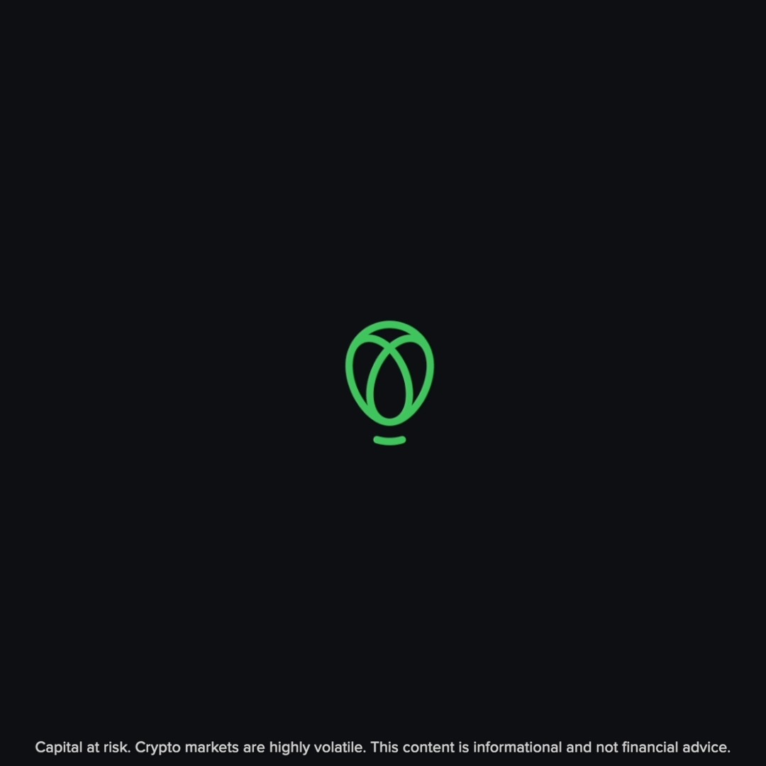 A minimalist black screen featuring a centered green outlined hot air balloon-style logo with the disclaimer text at the bottom: "Capital at risk. Crypto markets are highly volatile. This content is informational and not financial advice." The image appears to be a transitional or branded placeholder graphic related to Uphold's crypto vault services for XRP, HBAR, and BTC holders.
