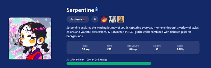 A webpage screenshot showing the "Serpentine" NFT collection by artist Asthenis, displaying a 1/1 animated character artwork alongside collection stats including a 5.0 XRP floor price, 286 items, and 58 holders.