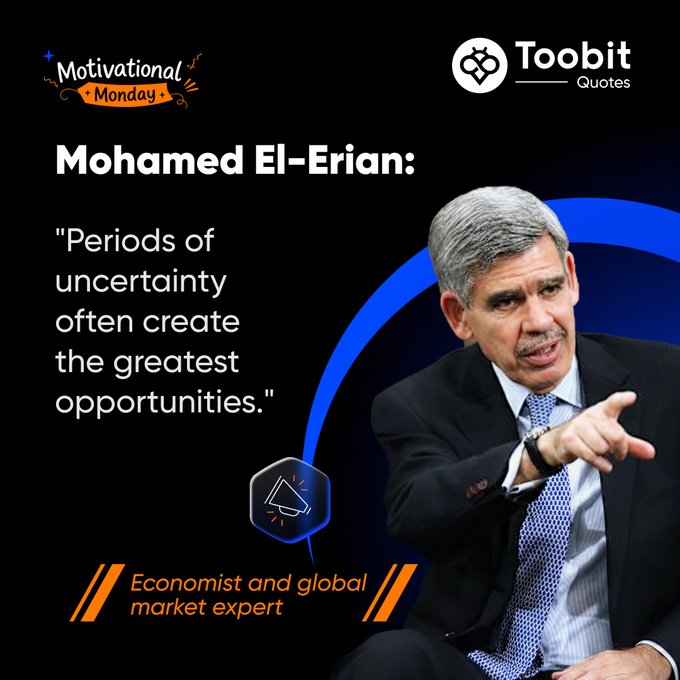The image features a man sitting down, wearing a suit and tie, with his hand extended outwards as if he's giving directions or pointing at something. The background of the image is black, which contrasts with the white text that reads "Toobit #Trading #CryptoMarkets". This suggests that the image might be related to trading in cryptocurrency markets or some other form of financial activity.
