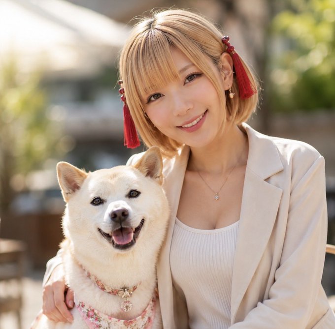 A young woman with short blonde hair wearing a beige blazer and red tassel hair accessories, smiling while posing with a Shiba Inu dog in a floral outfit.