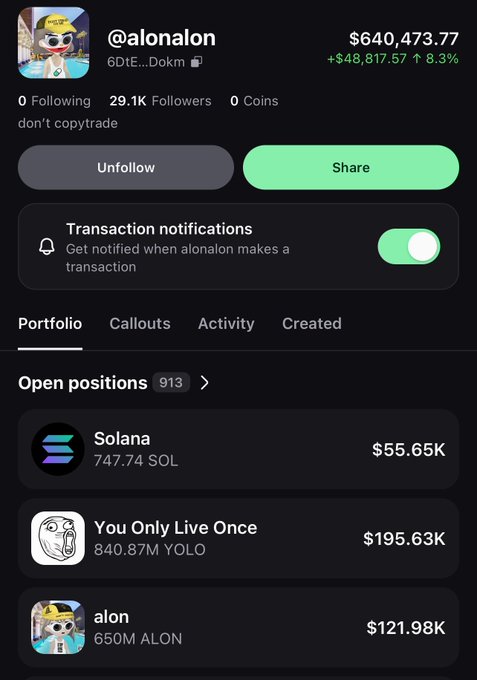 A mobile trading profile screen for @alonlon showing $640,473.77 portfolio (+$48,817.57, 8.3%) with 29.1K followers, the tagline 'don't copytrade', and open positions in Solana ($55.65K), You Only Live Once / YOLO ($195.63K), and alon ($121.98K).