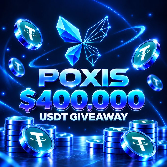 A digital promotional graphic for a "$400,000 USDT GIVEAWAY" from "POXIS," featuring blue floating Tether (USDT) coins and stacks around glowing logos, matching the post's offer of 350 USDT to 3,000 participants who follow and engage with @PoxisFun.