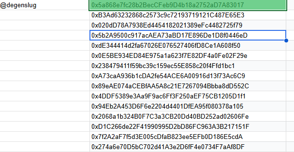 A screenshot of a blockchain address '@degenslug' displays a list of transaction hashes, with the highlighted entry '0x5b2A9500c917acEA73aBD17E896De1D8f04446D' shown on a green background.