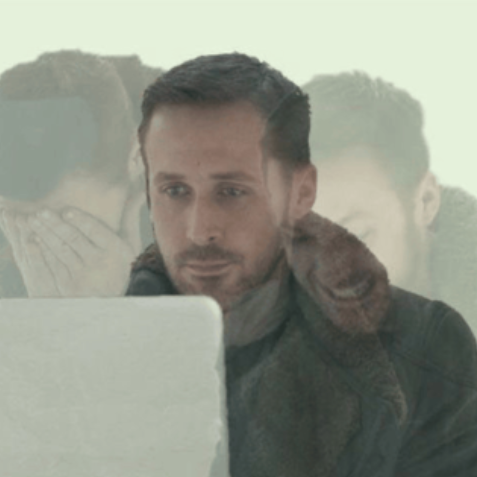 Stressed-looking man staring at a laptop screen with a translucent overlay image of a frustrated woman with her head in her hands, depicting workplace stress or fatigue.