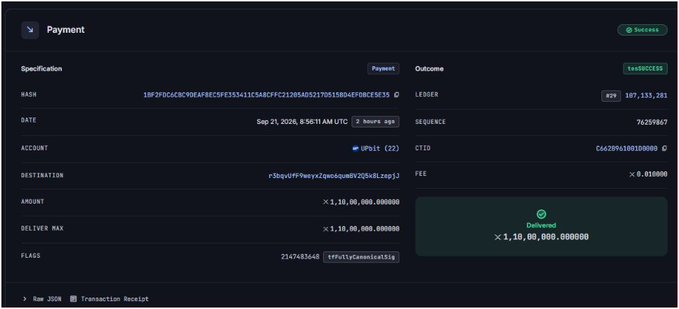 A screenshot of a Payment page on the XRP Ledger showing a successful transaction with hash "19F2FDC4BC9DFAF8EC5FE355411C5ABCFCC12B5AD5217D5158D4FF8DCE5E35" for 1,100,000,000 XRP drops (~16M) sent to wallet "r3bqvff9wexZeankquNW2GNk8Lzepjj" on Sep 21, 2026, with a delivered amount of 1,100,000,000.000000 XRP, illustrating Upbit's large XRP transfer now being redistributed to Binance, Bybit, and Bitget deposit addresses.