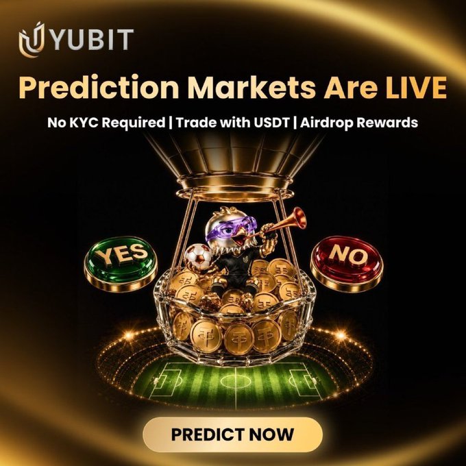 A promotional graphic for YUBIT's prediction markets, featuring a trophy-like crystal vase filled with gold coins and a small character holding a vuvuzela, flanked by green "YES" and red "NO" buttons above a soccer field. The headline reads "Prediction Markets Are LIVE" with subtext "No KYC Required | Trade with USDT | Airdrop Rewards" and a "PREDICT NOW" button at the bottom, directly tying into the World Cup betting theme.