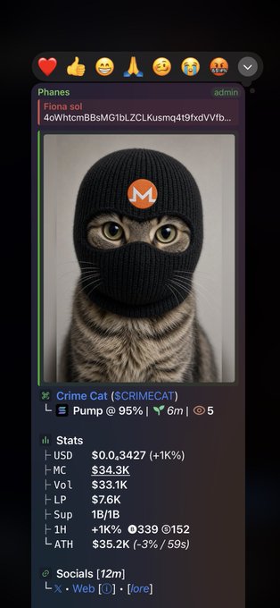 Telegram bot screenshot displaying "Crime Cat ($CRIMECAT)" token info from Pump, featuring an image of a cat wearing a black ski mask with a Monero logo, showing market cap $34.3K.