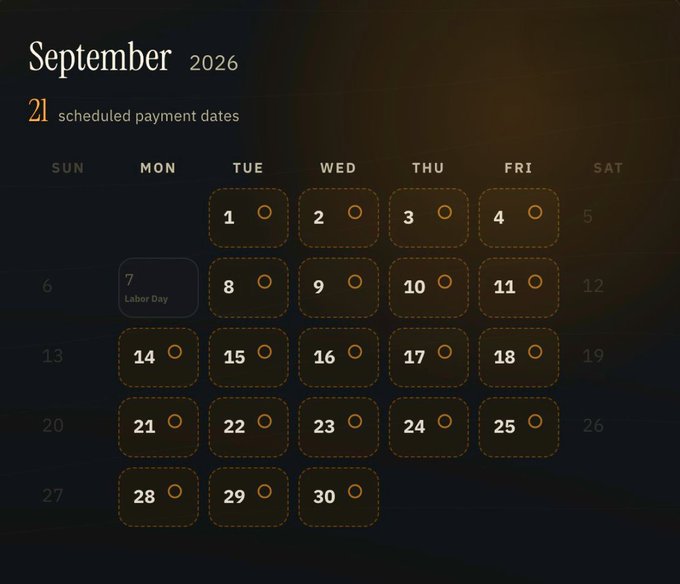 A September 2026 calendar displaying 21 scheduled business-day payment dates (weekdays from September 1–4, 8–11, 14–18, 21–25, and 28–30, excluding Labor Day on the 7th), visually representing the 21 payment dates referenced in the $SATA dividend announcement of a maintained 13.00% rate yielding $1.0836 monthly at $0.0516 per business day.