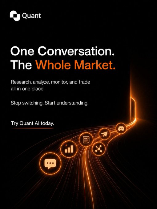 A sleek black and orange promotional graphic for "Quant" featuring the headline "One Conversation. The Whole Market." with icons representing chat, analytics, news, networking, and other tools flowing along a glowing pathway, visually reinforcing the post's message about consolidating scattered market information into one unified solution.