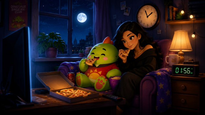 An animated illustration shows a girl and a small green dinosaur in pajamas eating pizza and watching TV late at night, with a clock reading 1:56 and a full moon outside.
