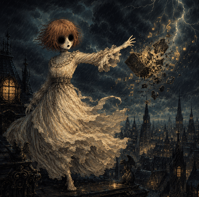 A dark, gothic fantasy illustration of a ghostly figure in a flowing white dress, with a book exploding into musical notes against a stormy cityscape.