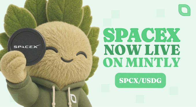 A plush mascot wearing a green SpaceX hoodie holds a black "SpaceX" logo disc beside text announcing "SPACEX NOW LIVE ON MINTLY" with the ticker "SPCX/USDG" displayed, visually reinforcing the announcement that tokenized SpaceX stock (SPCX) trading pair is now available on Mintly.