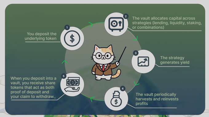 The image illustrates a 5-step yield vault cycle: deposit tokens, allocate capital across strategies (lending, liquidity, staking), generate yield, harvest and reinvest profits, and receive share tokens representing both deposits and withdrawal claims — visually reinforcing the post's emphasis on transparent, publicly documented vault mechanics including capital allocation, strategy changes, rebalancing events, and user positions.
