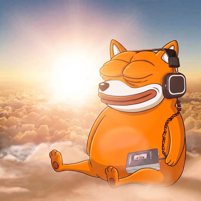 A cartoon orange Shiba Inu character wearing headphones and holding a Sony Walkman, sitting on clouds with a sunset in the background.