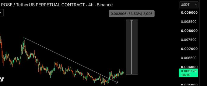 A 4-hour Binance chart for the ROSE/USDT perpetual contract shows a descending trendline being broken to the upside, with a projected gain of 53.53% (approximately 2,996 price units) highlighted by a vertical white bar. The current price sits around 0.005775, aligning with the long trade setup indicating an entry near 0.005740–0.005840 and targets progressing toward 0.0062, 0.0075, 0.0087, and 0.010.