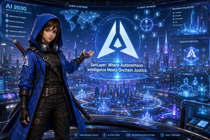 A futuristic promotional graphic for GenLayer featuring a hooded female character and the tagline 'GenLayer: Where Autonomous Intelligence Meets Onchain Justice,' highlighting features like 'Autonomous AI Agents,' 'Onchain Governance,' and 'GenLayer Protocol.'