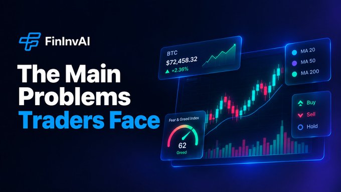 a promotional graphic for fininvai titled 'the main problems traders face,' featuring a glowing chart of btc at $72,458.32 with indicators like ma 20, ma 50, ma 200, buy/sell/hold, and a fear and greed index at 62 greed.