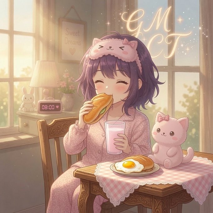 An anime-style illustration shows a purple-haired girl wearing a cat eye mask eating breakfast (sandwich and fried egg) at a table with a pink cat plushie, with 'GM' text and sparkles floating in the sunlit scene.