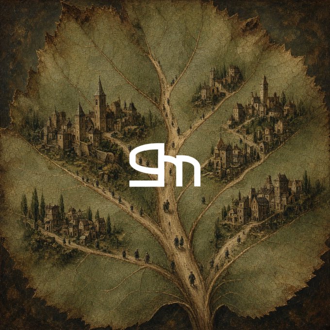 An artistic digital image of a large leaf with detailed castle and village illustrations on its surface, featuring a white stylized 'sh' logo in the center.