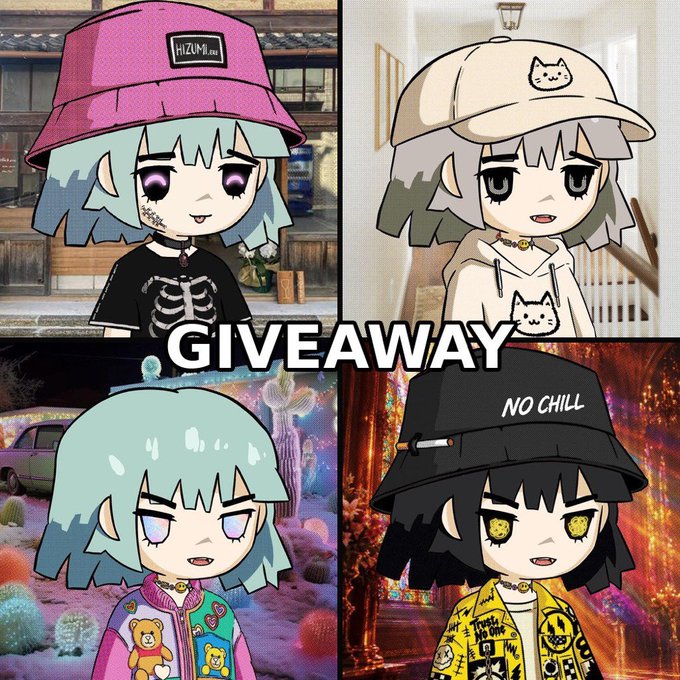 A four-panel collage of an anime-style character in bucket hats and streetwear is overlaid with the large word “GIVEAWAY.” One hat bears “MIZUMI.net,” while the black hat reads “NO CHILL.”