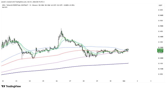 TradingView chart showing OPG/USDT perpetual contract on Binance at 0.1279 USDT, down 0.39% (-0.0005), with the price hovering around 0.1270-0.1300 on a 1-hour timeframe.