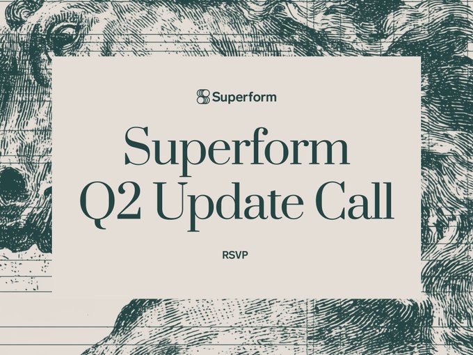 The image is a vintage-style announcement graphic with a cream background bordered by classical engraved wave and musical score illustrations in dark teal. The text reads "Superform Q2 Update Call" with an "RSVP" prompt, promoting the upcoming Thursday, July 16th at 11am EST call where co-founders Vik, Blake, and Alex will discuss the quarter's shipping progress, the $UP token, and growth plans.